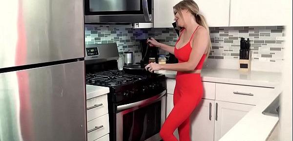  Hot milf Linzee Ryder giving stepson a hot wet blowjob and lets him fuck her tits in the kitchen